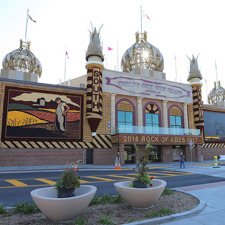 Detailed corn mural artwork on the World’s Only Corn Palace Mitchell SD