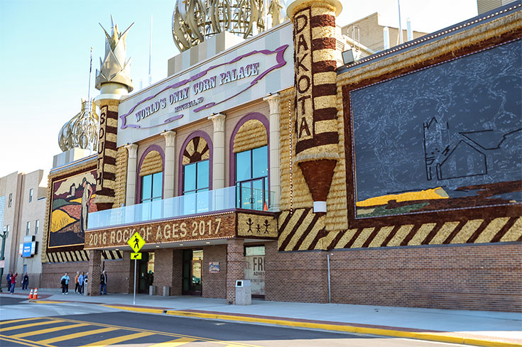 Exterior of the World’s Only Corn Palace in Mitchell SD decorated with colorful corn murals